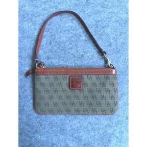 Dooney & Bourke Signature DB Logo Canvas Leather Wrislet Clutch Brown